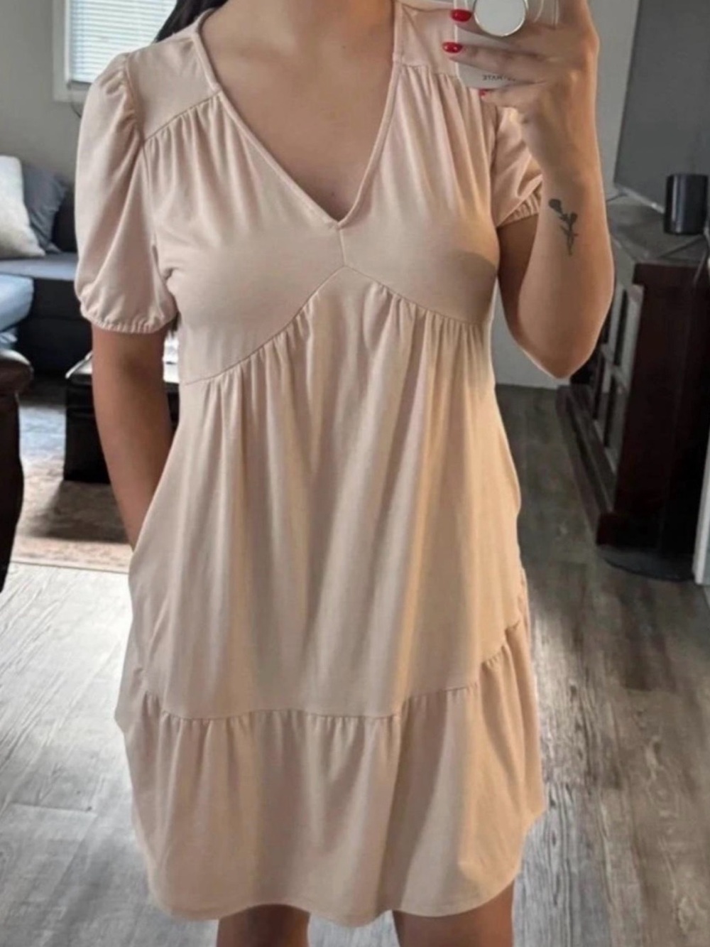 Amazon Women's Creamy Beige V-Neck Tiered Mini Dress
